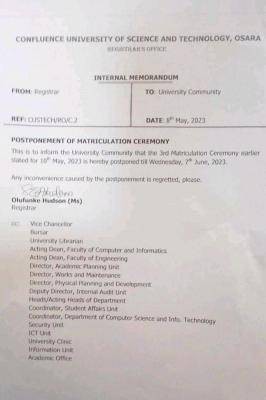 CUSTECH postpones matriculation ceremony