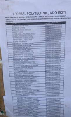 Fed Poly Ado-Ekiti 1st batch HND Morning admission list, 2022/23