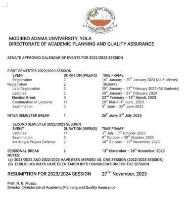 MAUTECH revised senate approved academic calendar, 2022/2023