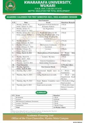 Kwararafa University first semester approved academic calendar, 2021/2022