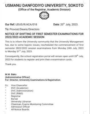 UDUS postpones first semester examination, 2022/2023 session