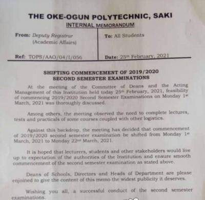 The Oke-Ogun Poly shifts 2nd semester exam commencement date