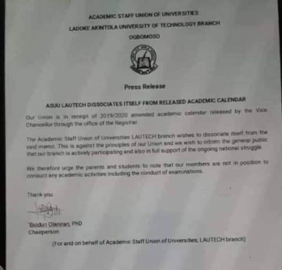 LAUTECH chapter of ASUU dissociates itself from the alleged academic calendar released by management