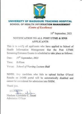 UNIMAID Teaching Hospital SHIM entrance examination date