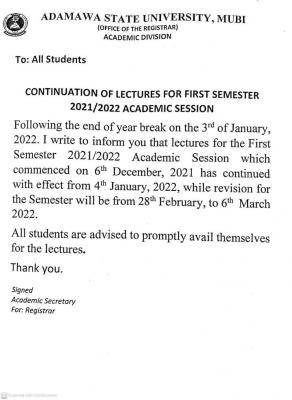 ADSU notice on continuation of lectures for first semester 2021/2022