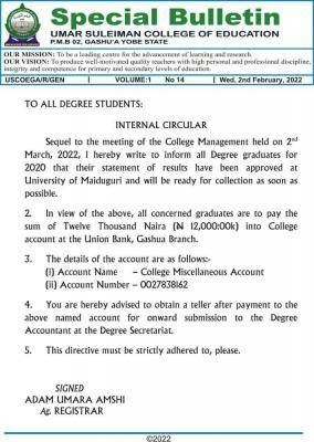 Umar Suleiman College of Education notice to degree graduates