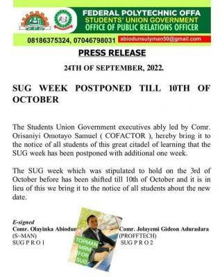 Offa Poly SUG week postponed