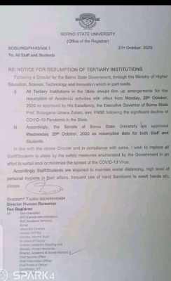 Borno State University resumption of academic activities