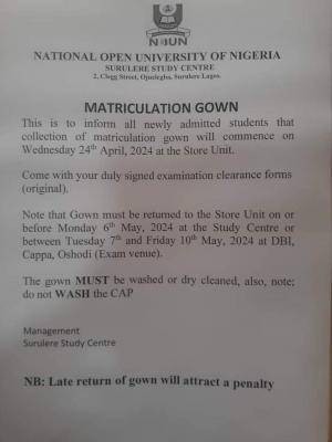 NOUN notice on collection of Matriculation Gown