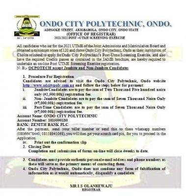 Ondo City Polytechnic Admission for 2021/2022 session