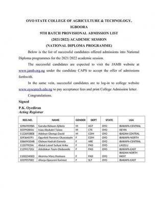 OYSCATECH releases 9th batch ND admission list, 2021/2022