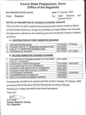 Kwara State Poly resumption date and calendar for completion of 2019/2020 session