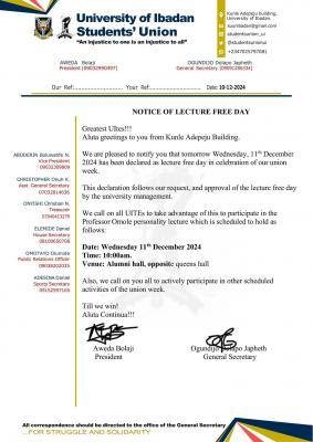 UI notice of lecture free day