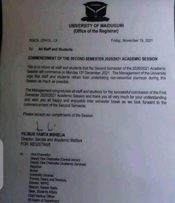 UNIMAID announces commencement of 2nd semester, 2020/2021