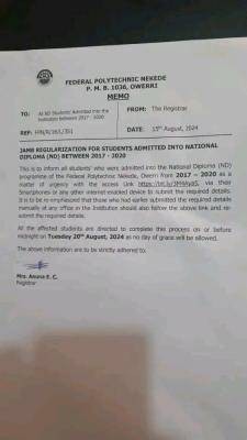 Fed Poly Nekede notice of JAMB regularization for admitted students, 2017-2020