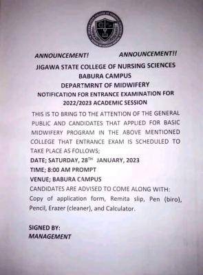 Jigawa State College of Nursing Sciences notice on entrance exam, 2022/2023