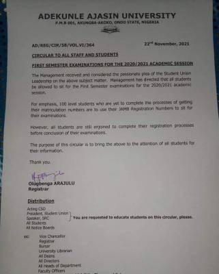 AAUA notice on first semester examination 2020/2021