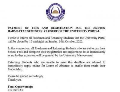 OOU notice on fee payment and registration deadline for harmattan semester, 2021/2022