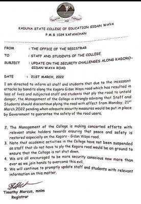 Kaduna COE notice to staff and students on security