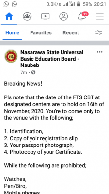 Nasarawa State UBEC new date for FTS screening