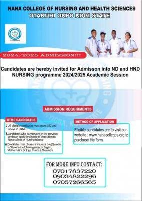 Nana College of Nursing Sciences, Kogi releases ND/HND nursing form, 2024/2025