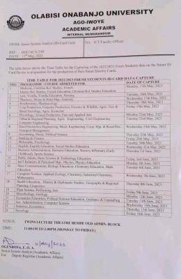 OOU schedule for Students' ID Card data capture