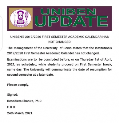 UNIBEN notice on alleged change in the 2019/2020 academic calendar