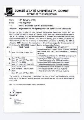 GOMSU notice to staff & students on adjustment of resumption date