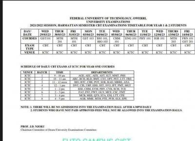 FUTO CBT exam timetable for year 1 & 2 students, Harmattan Semester, 2021/2022