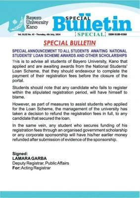 BUK notice to students awaiting National students' loan scheme award and other scholarships