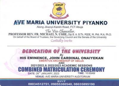 Ave Maria University 2021/2022 & 2022/2023 combined Matriculation Ceremony