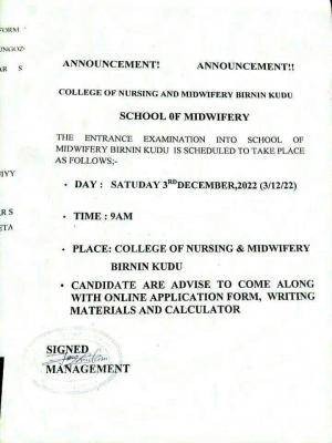 School of Midwifery, Birnin Kudu announces entrance examination date