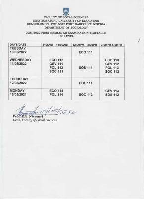 IAUE first semester exam time table for 100Level education courses