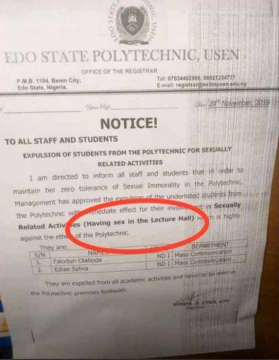 2 Edo State Polytechnic Students Expelled For Breaking the School Rules