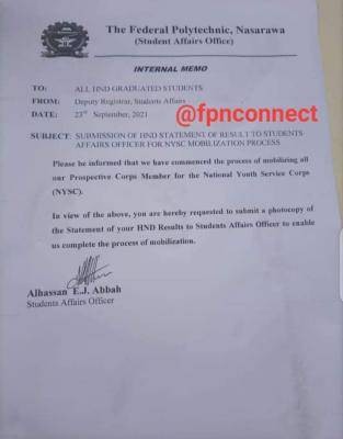 Fed Poly Nasarawa notice to graduated students on NYSC mobilization