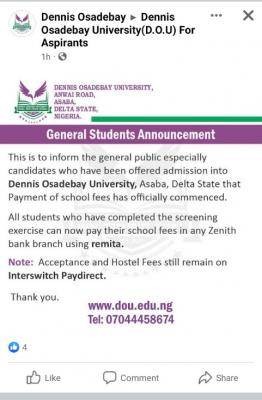 Dennis Osadebay University, Asaba notice to new students on school fees payment