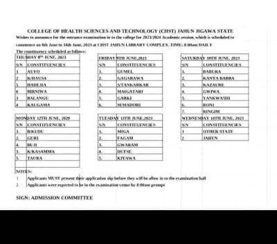 College of Health Sciences & Tech, Jahun entrance exam for 2023/2024 session