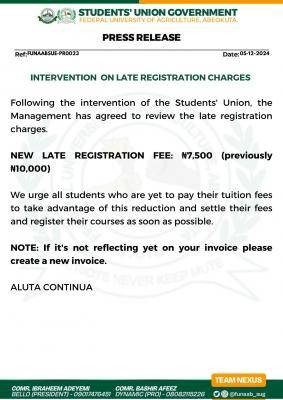 FUNAAB SUG update on late registration charges