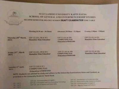 SLU 2nd semester draft examination timetable for GSP courses, 2021/2022