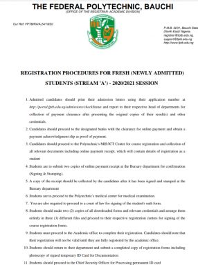 Fed Poly, Bauchi Registration procedures for 2020/2021 newly admitted students