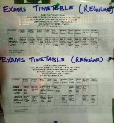 Kad Poly 1st/3rd examination timetable, 2020/2021