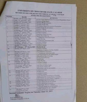 UNICROSS revised academic calendar, 2021/2022 & 2022/2023