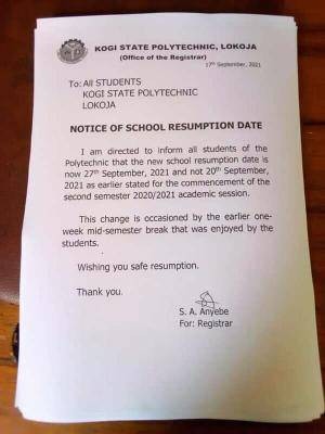 Kogi Polytechnic announces resumption of academic activities