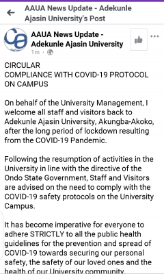 AAUA notice on COVID-19 protocol within the university