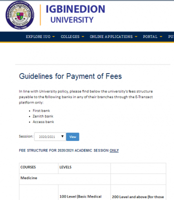 Igbinedion University school fees for 2020/2021 session