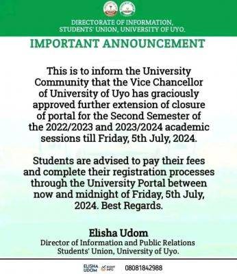 UNIUYO SUG notice to students on extension of deadline for second semester registration