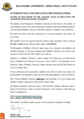 Hallmark University disclaimer notice on release of 2023/2024 Post-UTME form