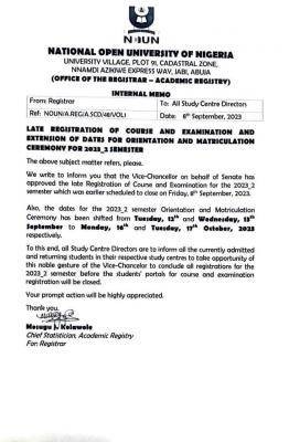 NOUN notice on late registration & new dates for orientation & matriculation for 2023_2 semester