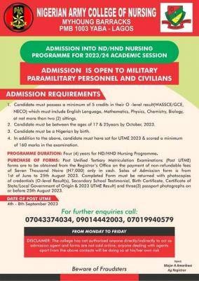 Nigerian Army College of Nursing ND/HND Nursing admission form, 2023/2024