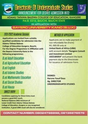 Adamu Tafawa Balewa COE (BUK Affiliated) admission, 2021/2022